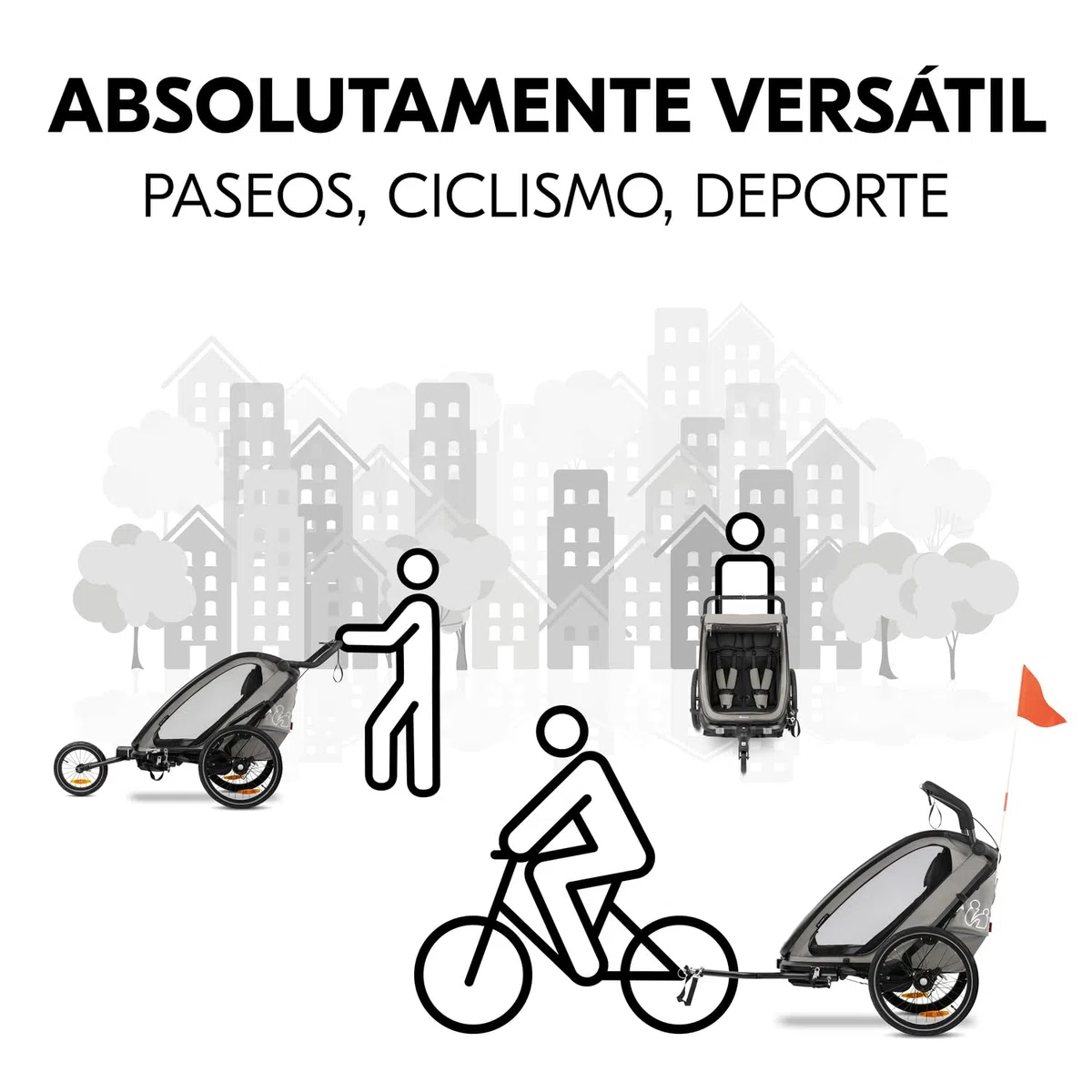 hauck Bike N Walk Duo Set Completo 3 en 1 Remolque Bicicleta 2 Niños - Silla de Paseo Doble Plegable Desde 6 Meses hasta 22 kg o 120 cm - Suspensión - Freno de Mano - Maletero - Gris Claro