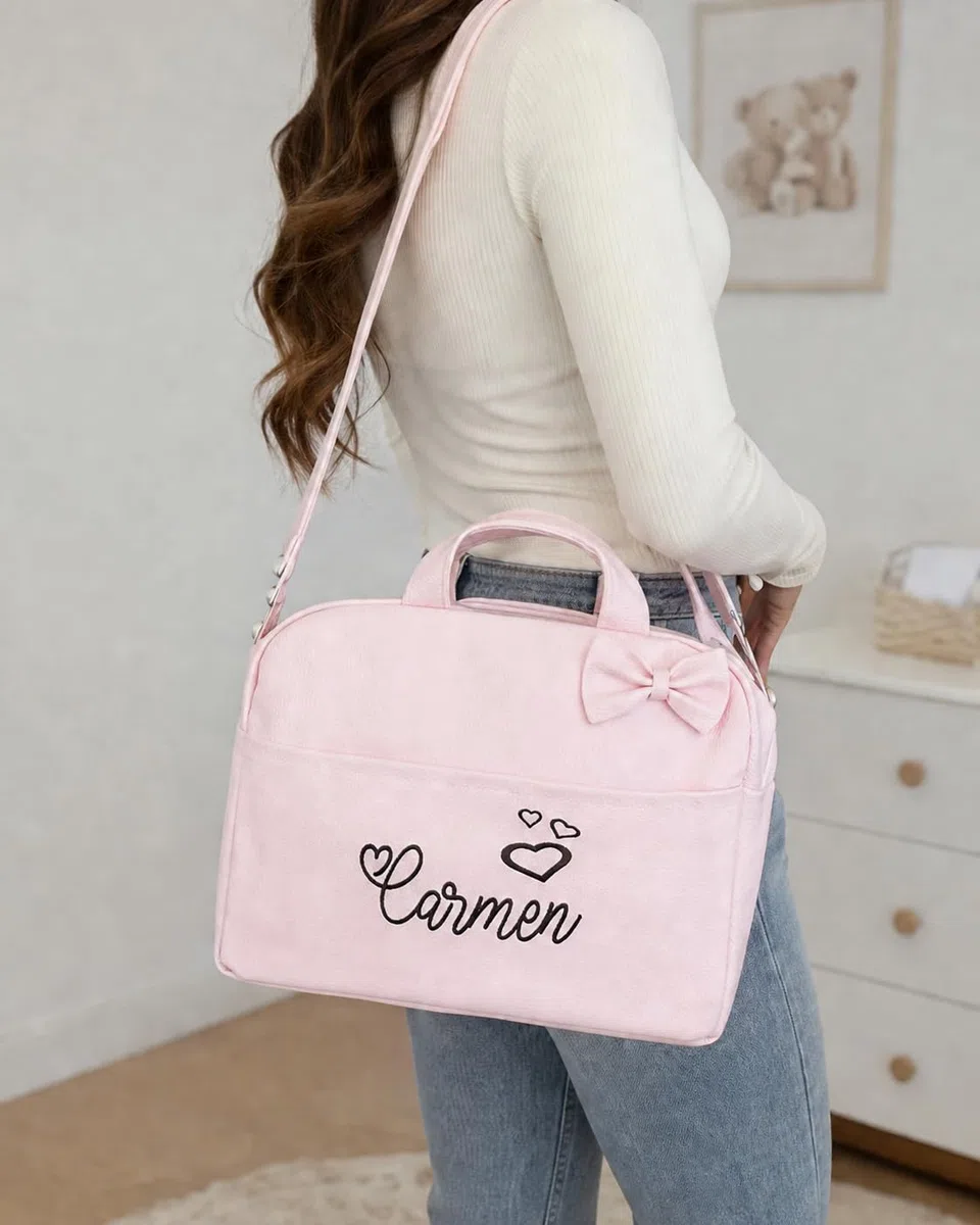 Danielstore - Bolso Carro Bebé Personalizado | Acolchado con Nombre Bordado | Cierre Cremallera y Asas | Forrado con Compartimentos, Rosa, 1 Unidad, Cuero Sintético
