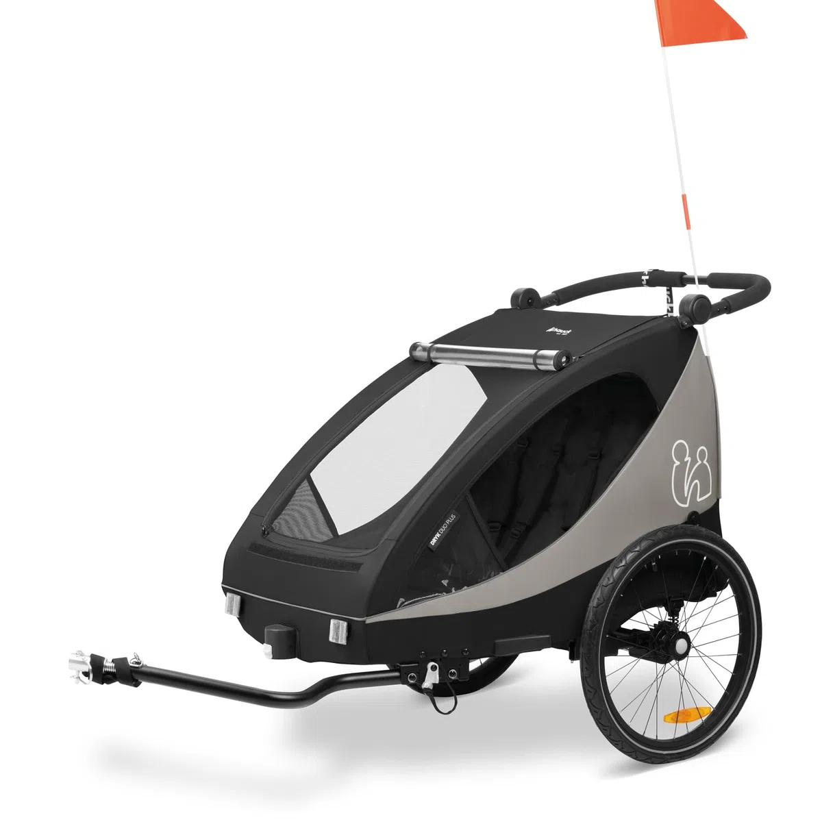Hauck Dryk Duo Plus - Remolque de bicicleta y cochecito para 2 niños (6-48 meses), incluye protección contra la lluvia, toldo, barra de remolque, rueda de buggy, bandera y luz LED, color negro