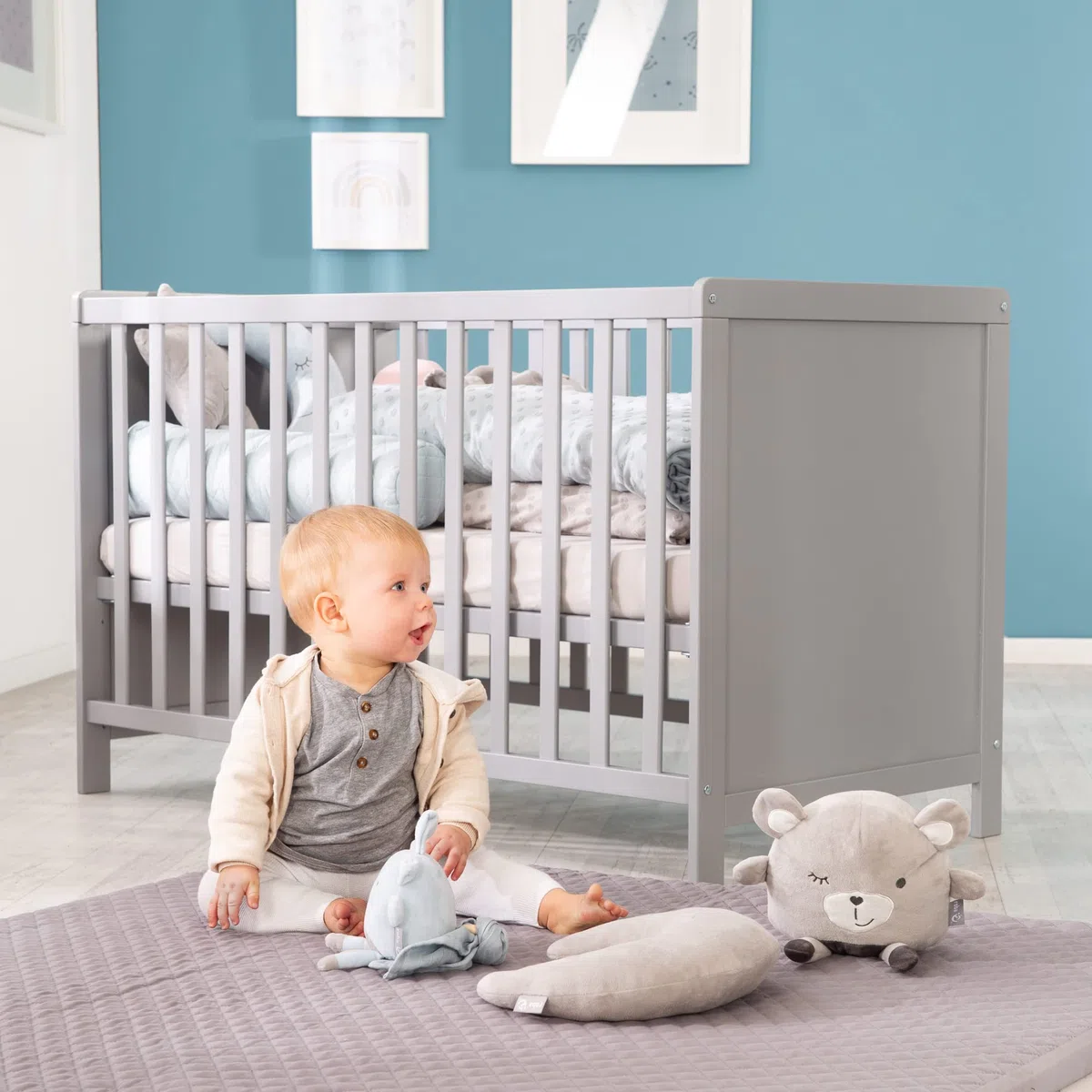 roba Cuna Colecho 60 x 120 cm, 2en1, Convertible en Cama de Bebé Independiente, Ajustable en Altura, 5 Barrotes Desmontables, Madera Gris