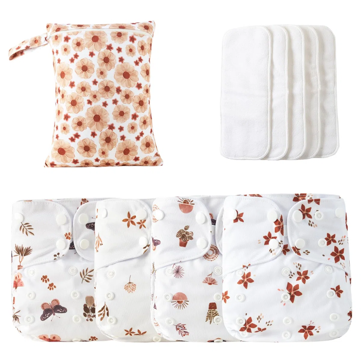 Baby Diapers, Cloth Diaper Set, Adjustable Washable Reusable with 4 Absorbent Inserts and 1 Wet Bag, Breathable Polyester TPU, Fits 3–15kg Kids for Boys and Girls, 530g/Set