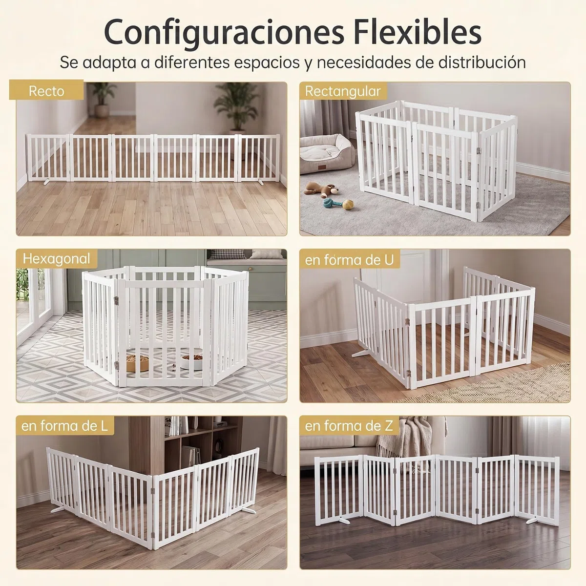 GYMAX Puerta para Perros de 6 Paneles, Valla Interior Plegable de Madera de Caucho con Patas de Apoyo, Barrera de Seguridad Portátil para Escaleras y Pasillos, Blanco