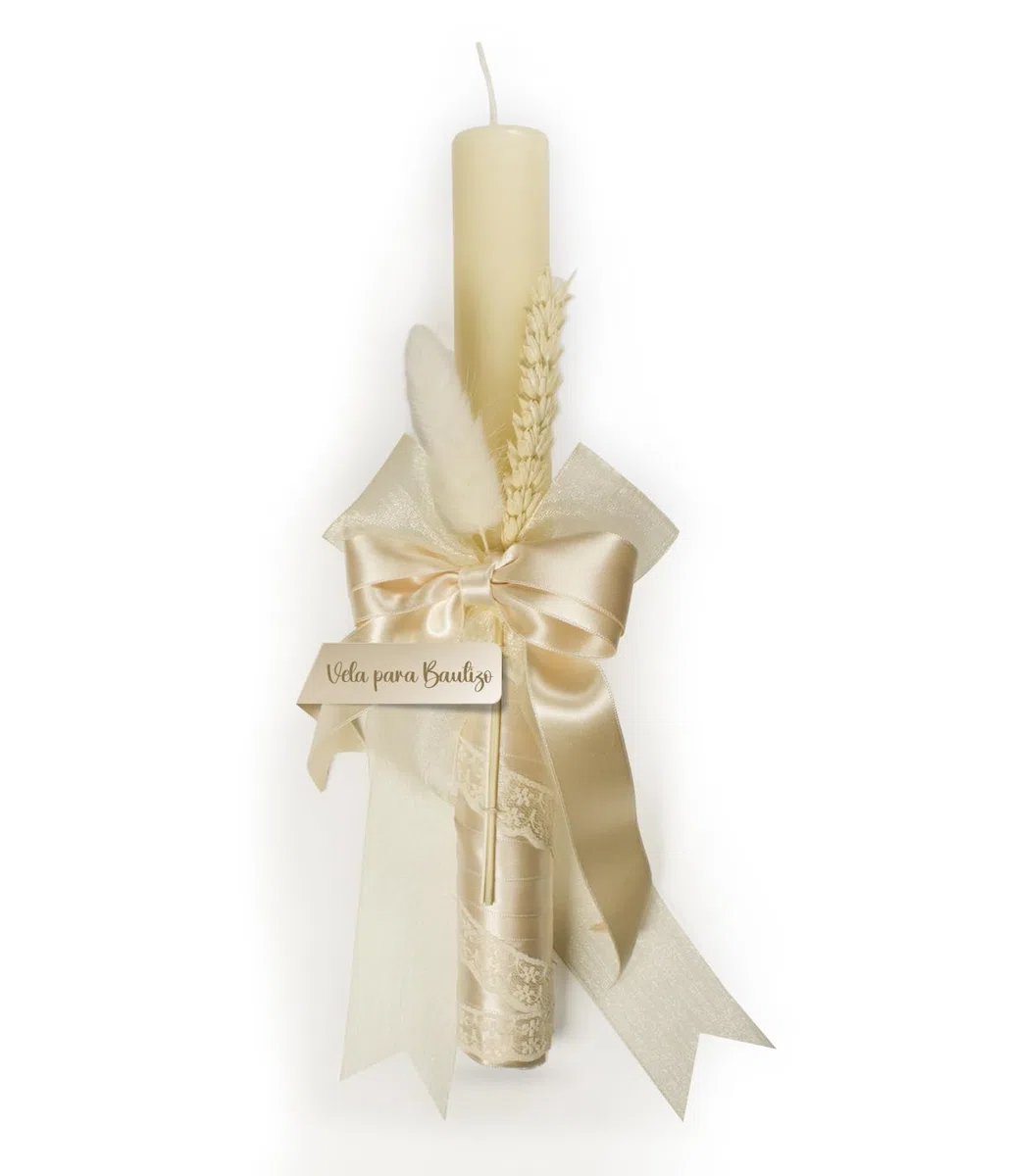 Vela Bautizo – Cirio Bautizo- Vela Bautizo Decorada- Artesanal – Vela color marfil -Vela cera de abeja natural – Vela litúrgica – Vela Larga blanca - Bautizos - Comuniones y Bodas (BEIGE DORADO)