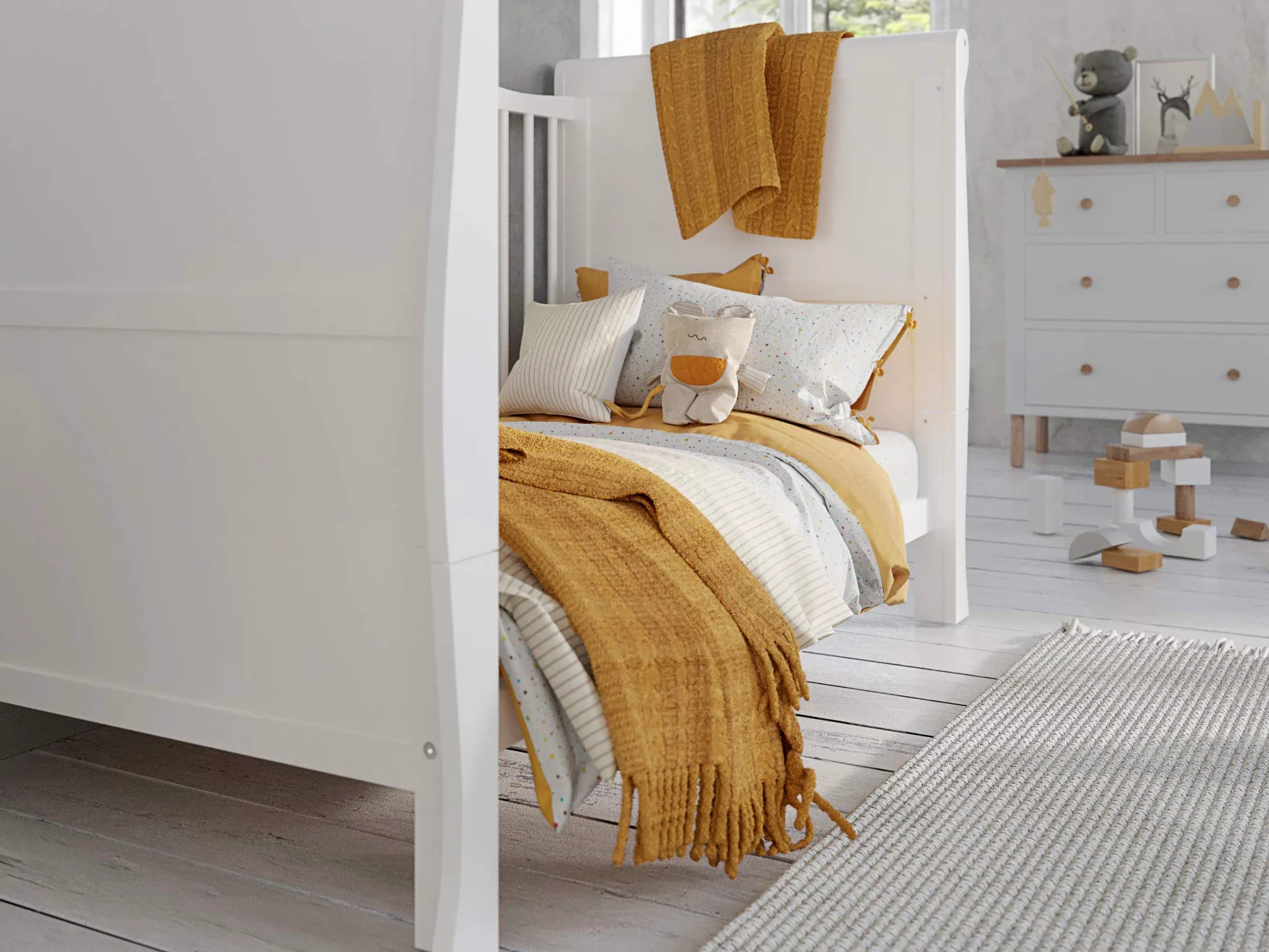 Love For Sleep Cuna Bebe Convertible en Cama 120x60 cm Leo de Madera de Pino Color Blanco– Cuna-Cama para Bebé Convertible en Sofá o Cama Junior