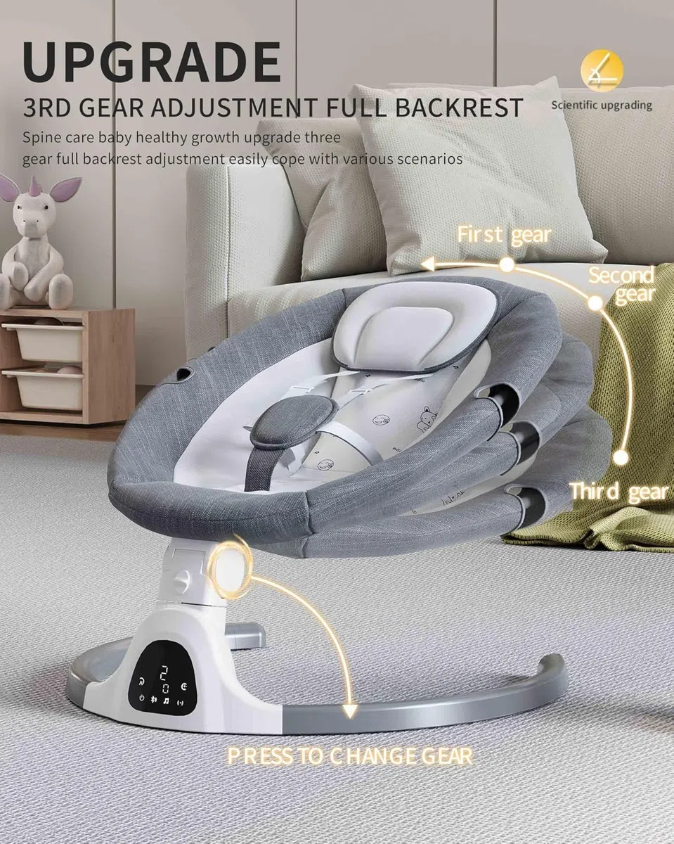 Ajustable Altura Baby Swings Bluetooth, altavoz de música de 5 velocidades con 12 canciones de cuna preestablecidas, control remoto para bebés de 5 a 20 meses, juegos de regalo para bebés (gris)