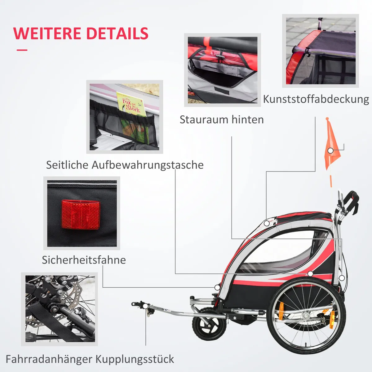 HOMCOM Remolque de bicicleta 2 en 1, con puerta de malla para 2 niños, cochecito con freno, colgante con bolsa de almacenamiento, tela Oxford, rojo+negro, 142 x 75 x 101 cm