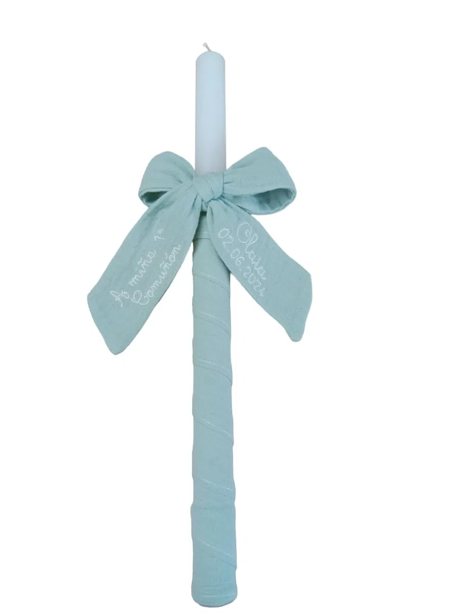 Vela para Comunión personalizada - Mi primera Comunión Vela Personalizable con nombre y fecha – Vela de Comunión decorada - Cirio de Primera Comunión- Modelo Bambual– Nenel (Verde Menta)