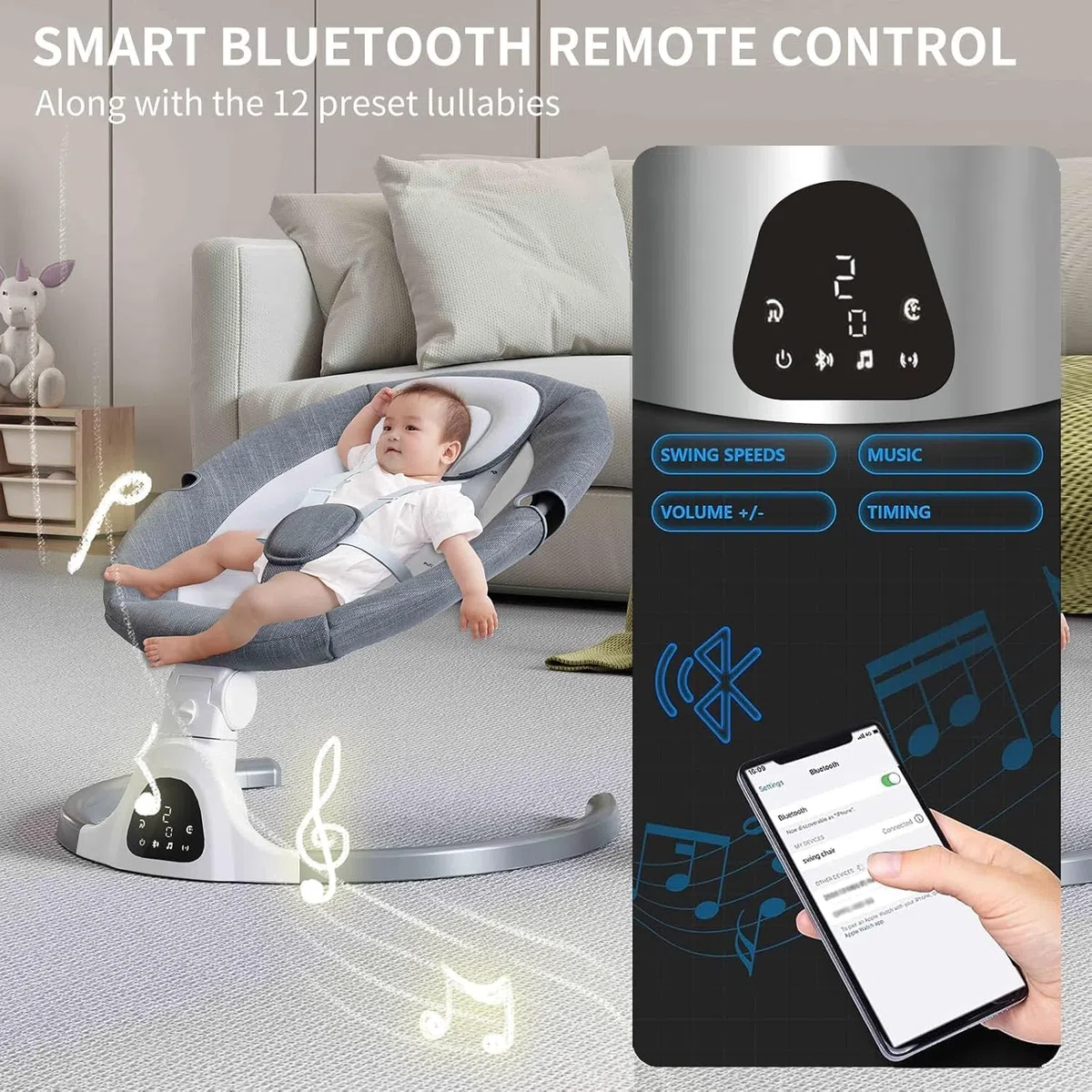 Ajustable Altura Baby Swings Bluetooth, altavoz de música de 5 velocidades con 12 canciones de cuna preestablecidas, control remoto para bebés de 5 a 20 meses, juegos de regalo para bebés (gris)