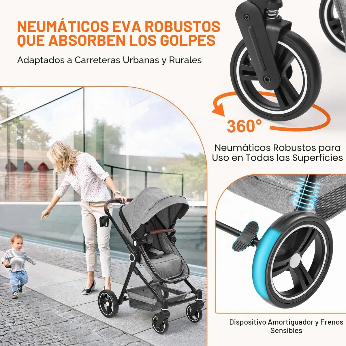 Silla de Paseo Bebé 2 en 1 con Asiento y Cuna Ajustables, Carrito Bebé con Compacto y Ligero, Toldo Retráctil, Cesta de Almacenamiento, Cinturón de Seguridad y Amortiguadores