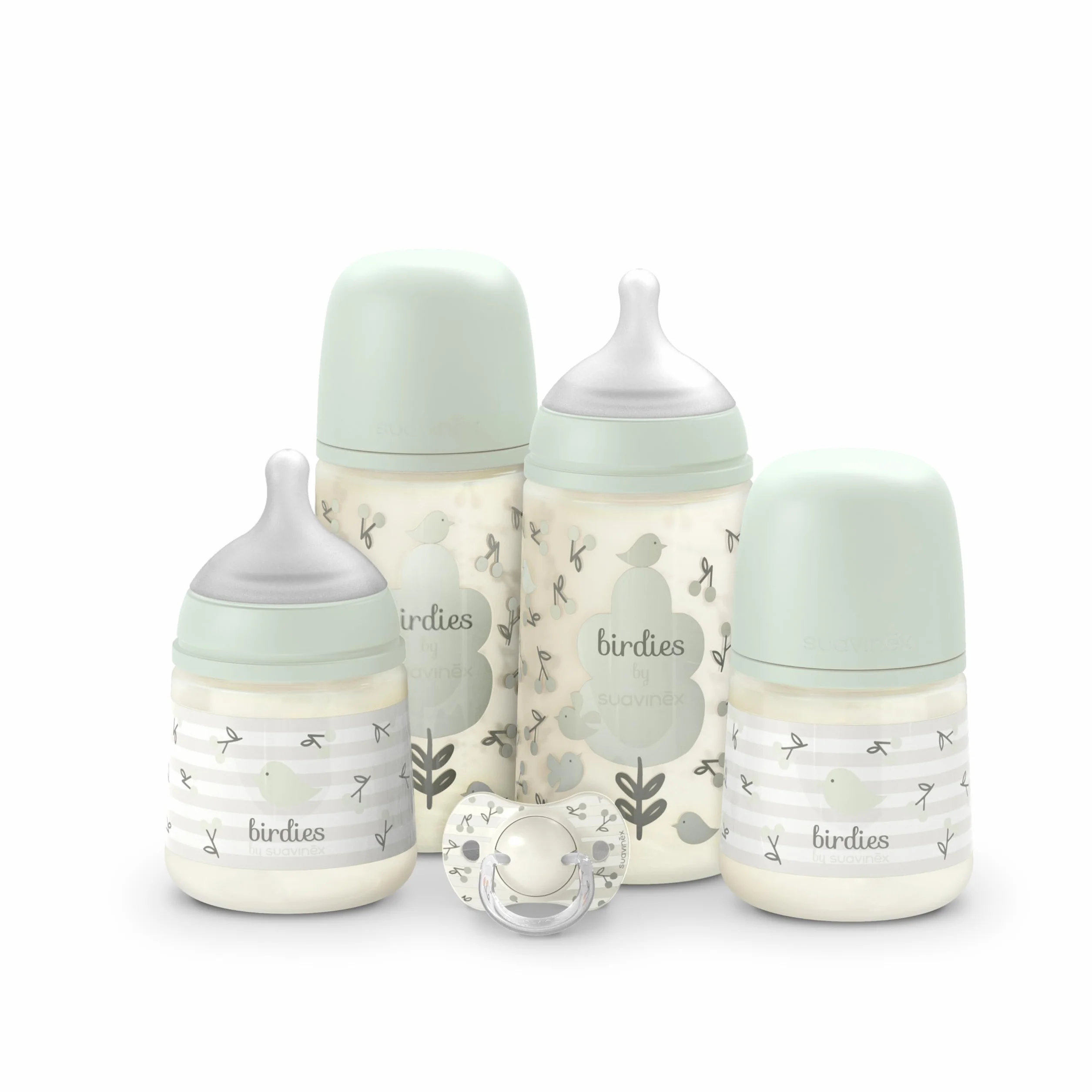 Suavinex, Set Biberones Recién Nacido, Pack Regalo con: 2 x 270 ml Flujo Medio + 2 x 150 ml Flujo Lento + Chupete de 0 a 6 Meses, Tetinas Fisiológicas SX Pro de Silicona, 5 Pcs, +0M, Birdies Verde
