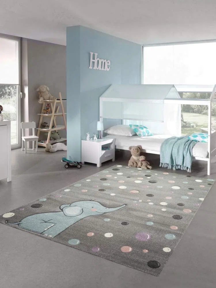 Teppich-Traum Alfombra Infantil Elefante Alfombra con Lunares en Gris Azul Größe 120x170 cm