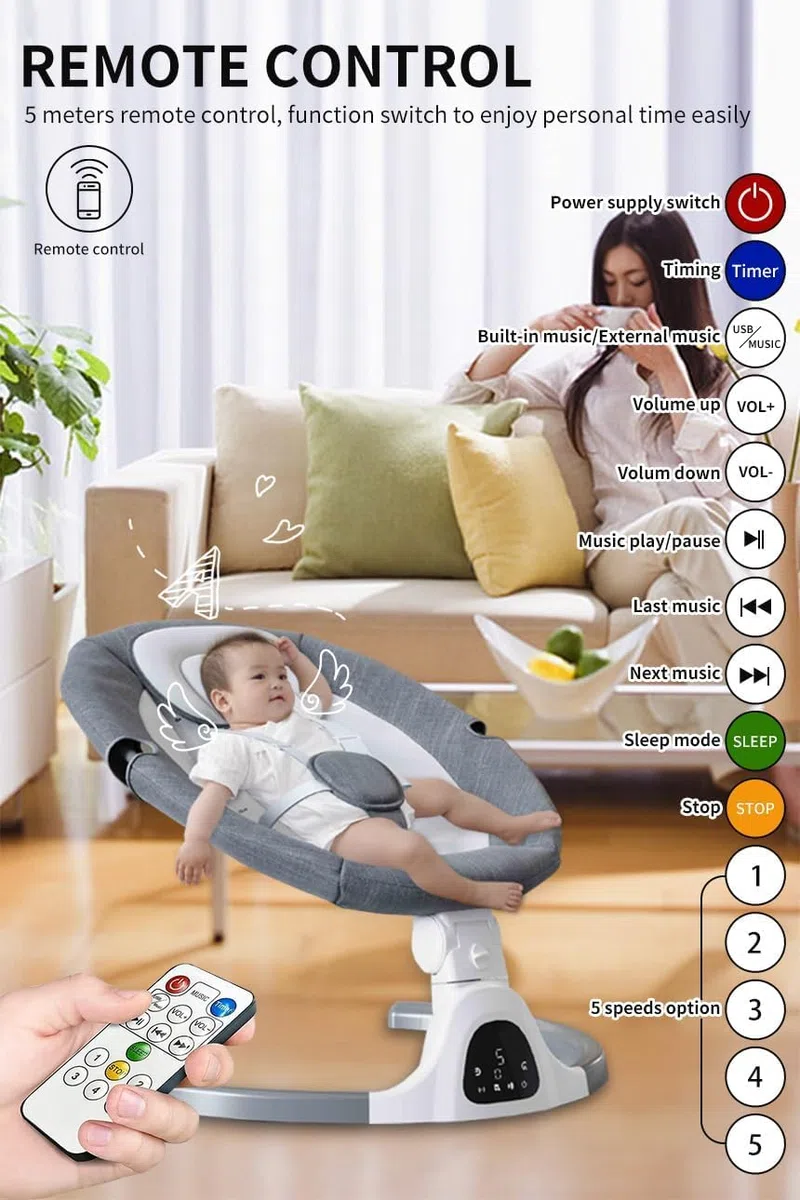 Ajustable Altura Baby Swings Bluetooth, altavoz de música de 5 velocidades con 12 canciones de cuna preestablecidas, control remoto para bebés de 5 a 20 meses, juegos de regalo para bebés (gris)