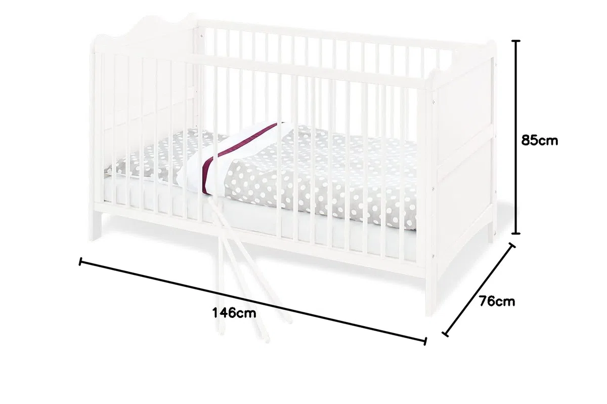 Pinolino Cuna Florentina, Cuna estable y convertible, regulable en altura en 3 posiciones, incl. bloques de conversión, pino lacado en blanco, decoración en blanco, para colchón de 70 x 140 cm, blanco