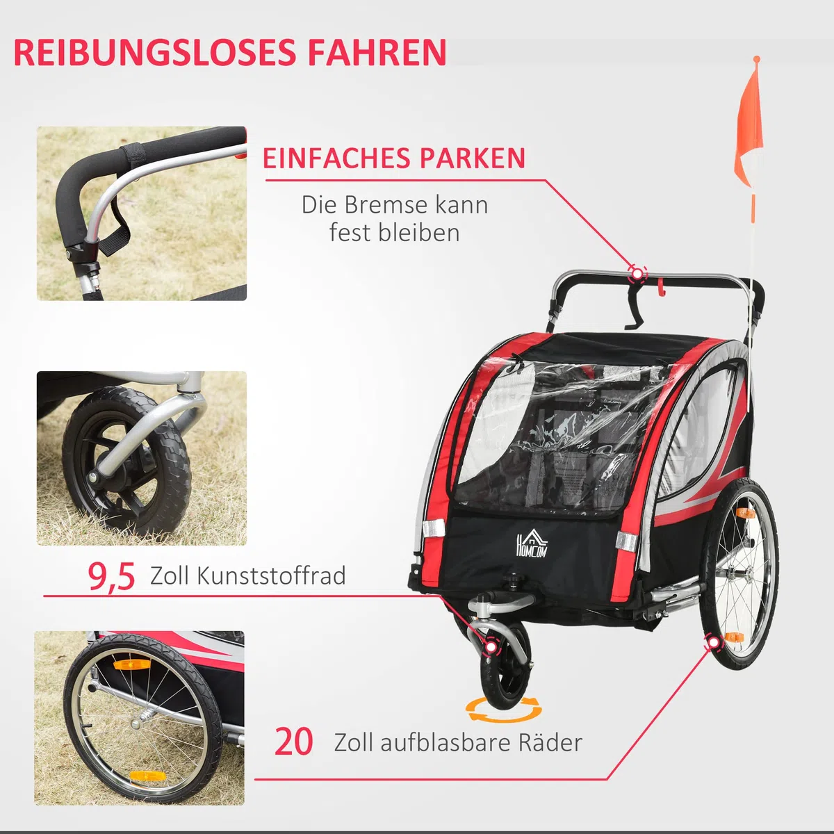 HOMCOM Remolque de bicicleta 2 en 1, con puerta de malla para 2 niños, cochecito con freno, colgante con bolsa de almacenamiento, tela Oxford, rojo+negro, 142 x 75 x 101 cm