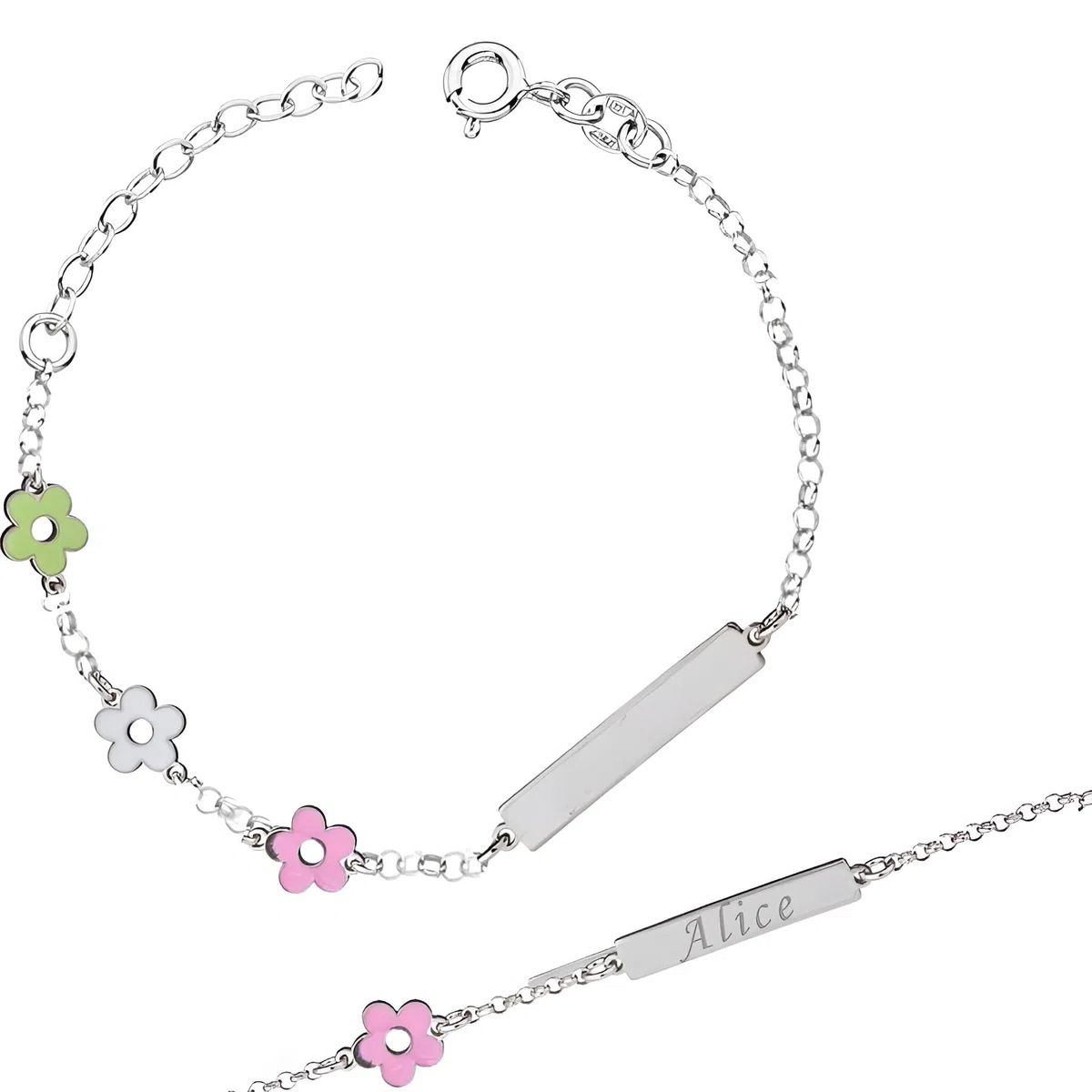 Sakrami Pulsera Bebé Niña Plata de Ley 925 Personalizada con Nombre Tres Flores de Colores Esmaltadas Colección Infantil + Caja de Regalo Personalizada - Pulsera de Nacimiento, Comunión o Bautizo