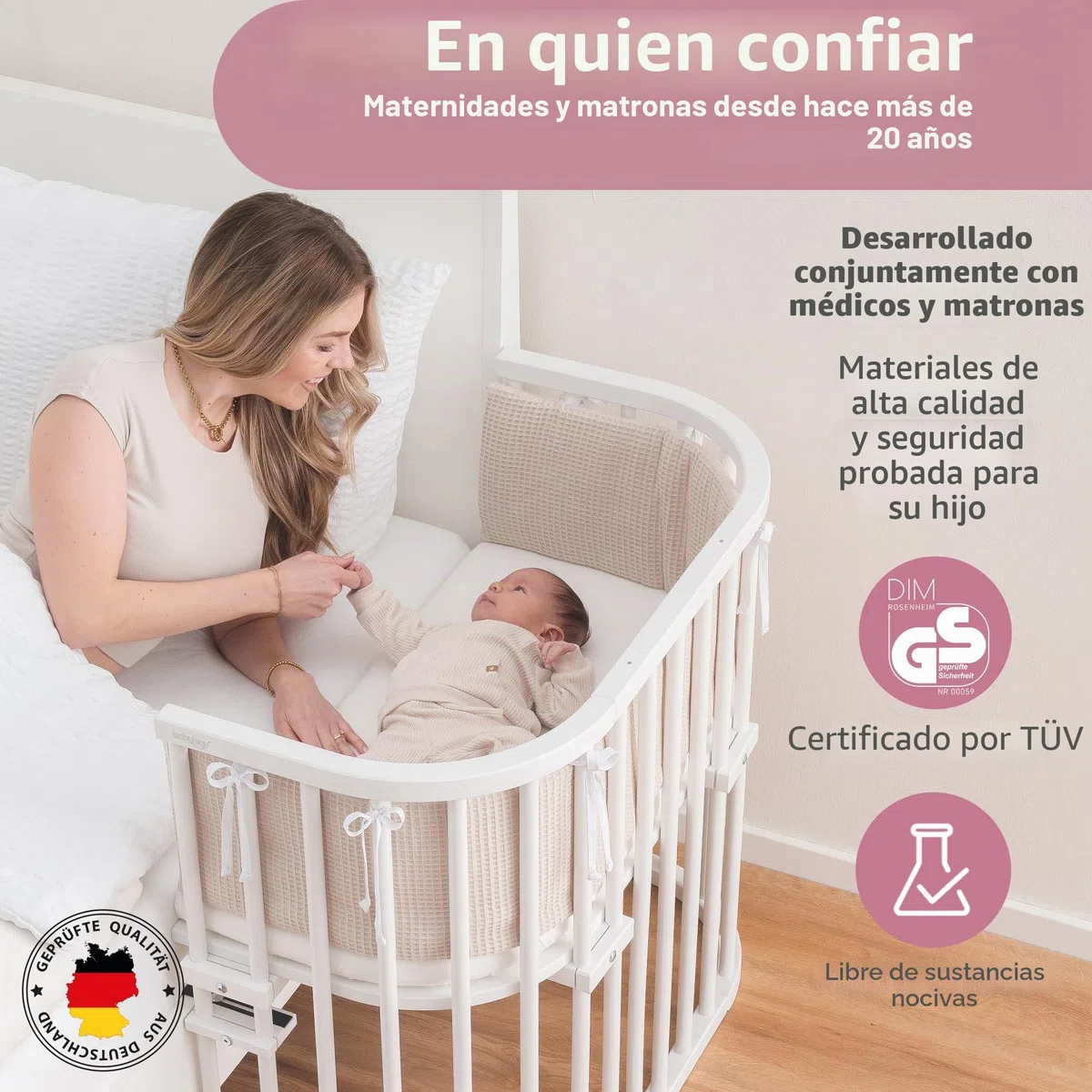 Babybay Maxi cuna colecho de madera de haya maciza con colchón Classic Soft para el día y la noche/Cuna regulable en altura & ecológica/Cuna que crece con el niño