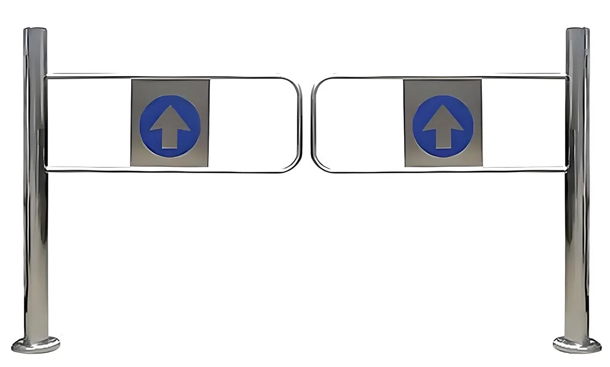 Puerta de seguridad con mecanismo de cierre automático, diseño oscilante con resorte para control de acceso industrial y comercial