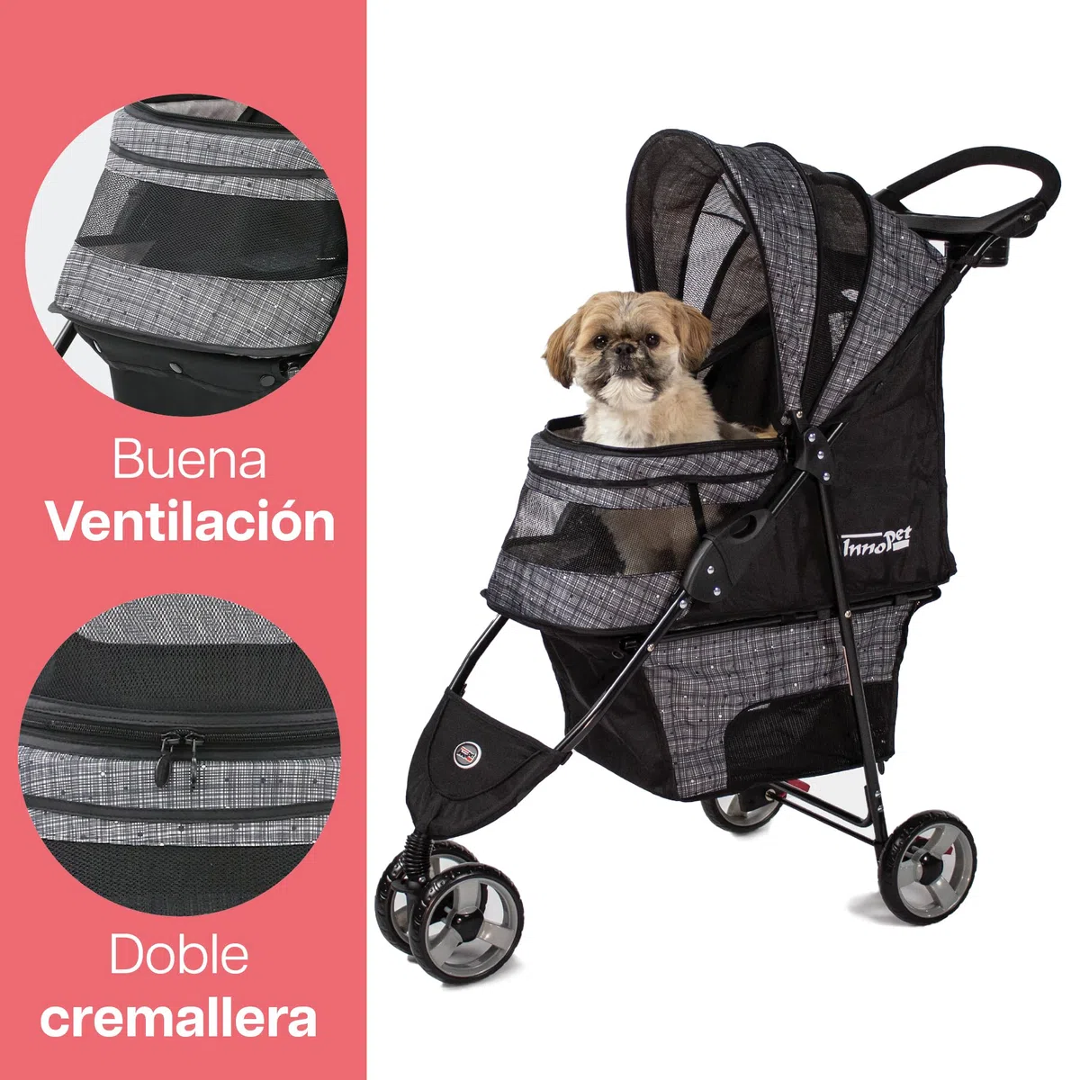 Innopet Avenue gris mezclado - Cochecito urbano plegable de 3 ruedas para perros y gatos, incluye cubierta de lluvia, correas de seguridad y cesta inferior