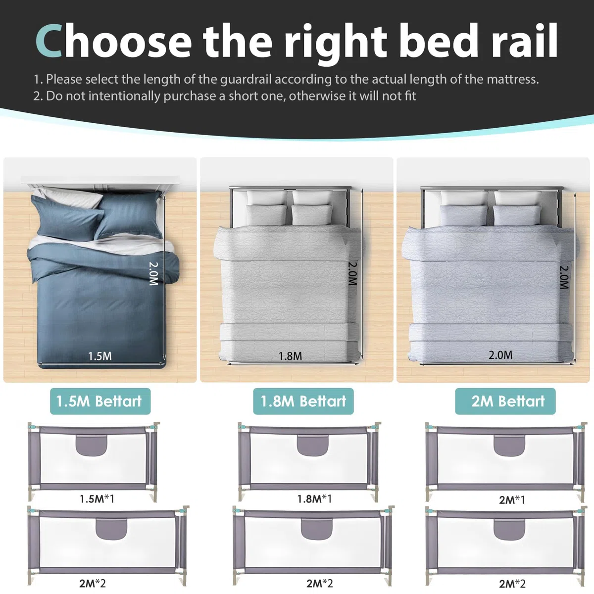 Barrera Seguridad Niños Cama, Barandilla Cama 180+200+200cm, Protección Anticaídas con Malla Transpirable, Barandilla Regulable en Altura 69-98 cm, Pasamanos con Bolsillo Lateral, Apto para Boxspring