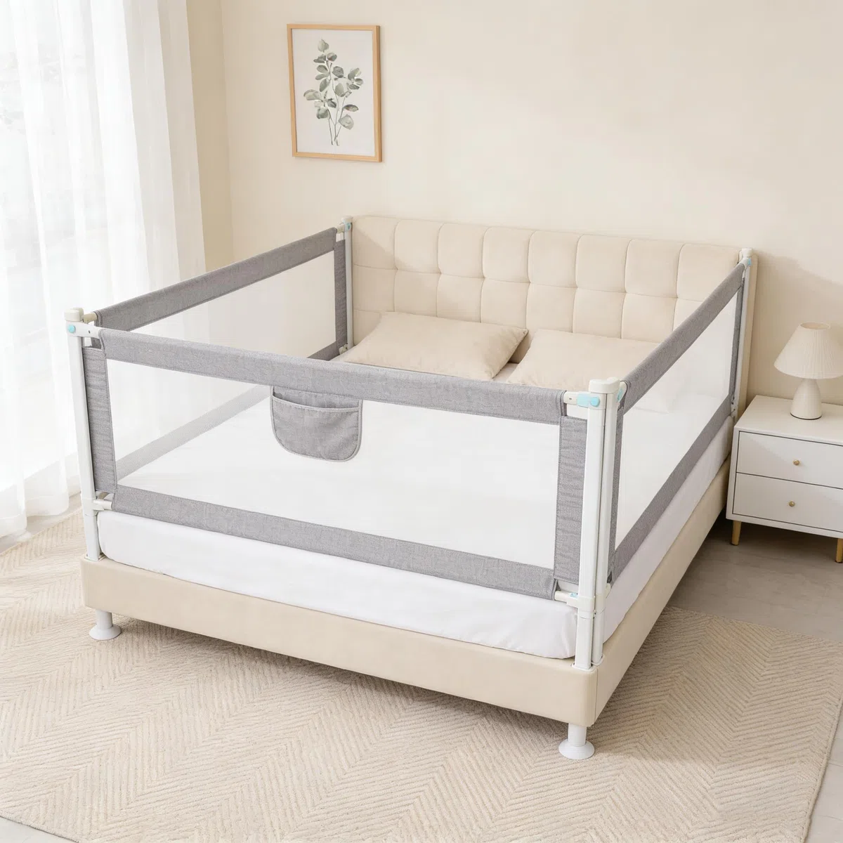 Barrera Seguridad Niños Cama, Barandilla Cama 180+200+200cm, Protección Anticaídas con Malla Transpirable, Barandilla Regulable en Altura 69-98 cm, Pasamanos con Bolsillo Lateral, Apto para Boxspring