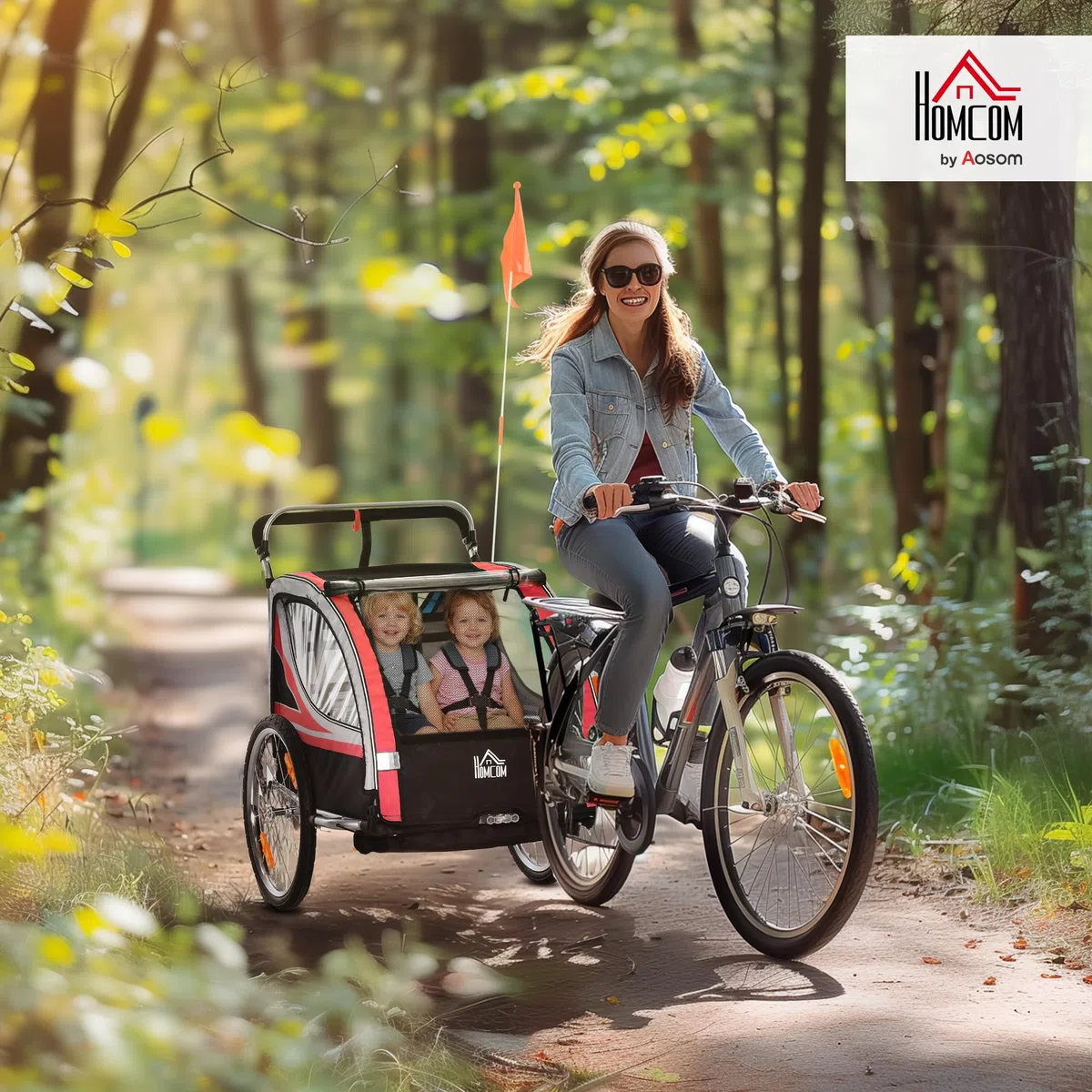 HOMCOM Remolque de bicicleta 2 en 1, con puerta de malla para 2 niños, cochecito con freno, colgante con bolsa de almacenamiento, tela Oxford, rojo+negro, 142 x 75 x 101 cm