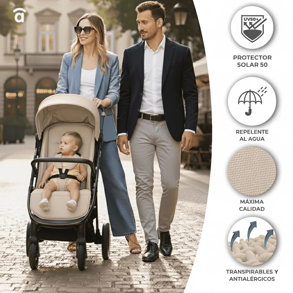 Asalvo KIBU Silla de Paseo, Carrito bebé, Carro para bebés, Confortable, Ultraligera, Segura, Capota con Ventana y Freno Trasero, Manejable, Plegado compacto, Carga Máxima 24 kg, Beige
