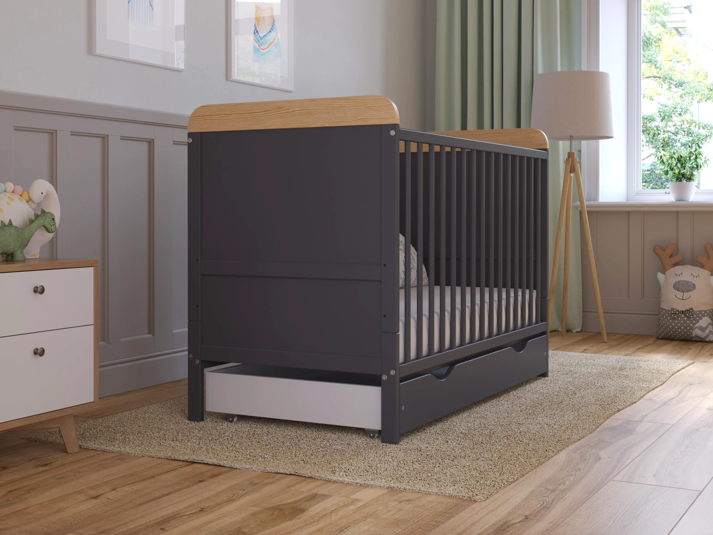 Love For Sleep Cuna Convertible en Cama 120x60 cm - con Cajón & Colchón - Cuna Madera Antracita-Pino, Juego Completo de Cuna - Cuna Cama Bebe Convertible