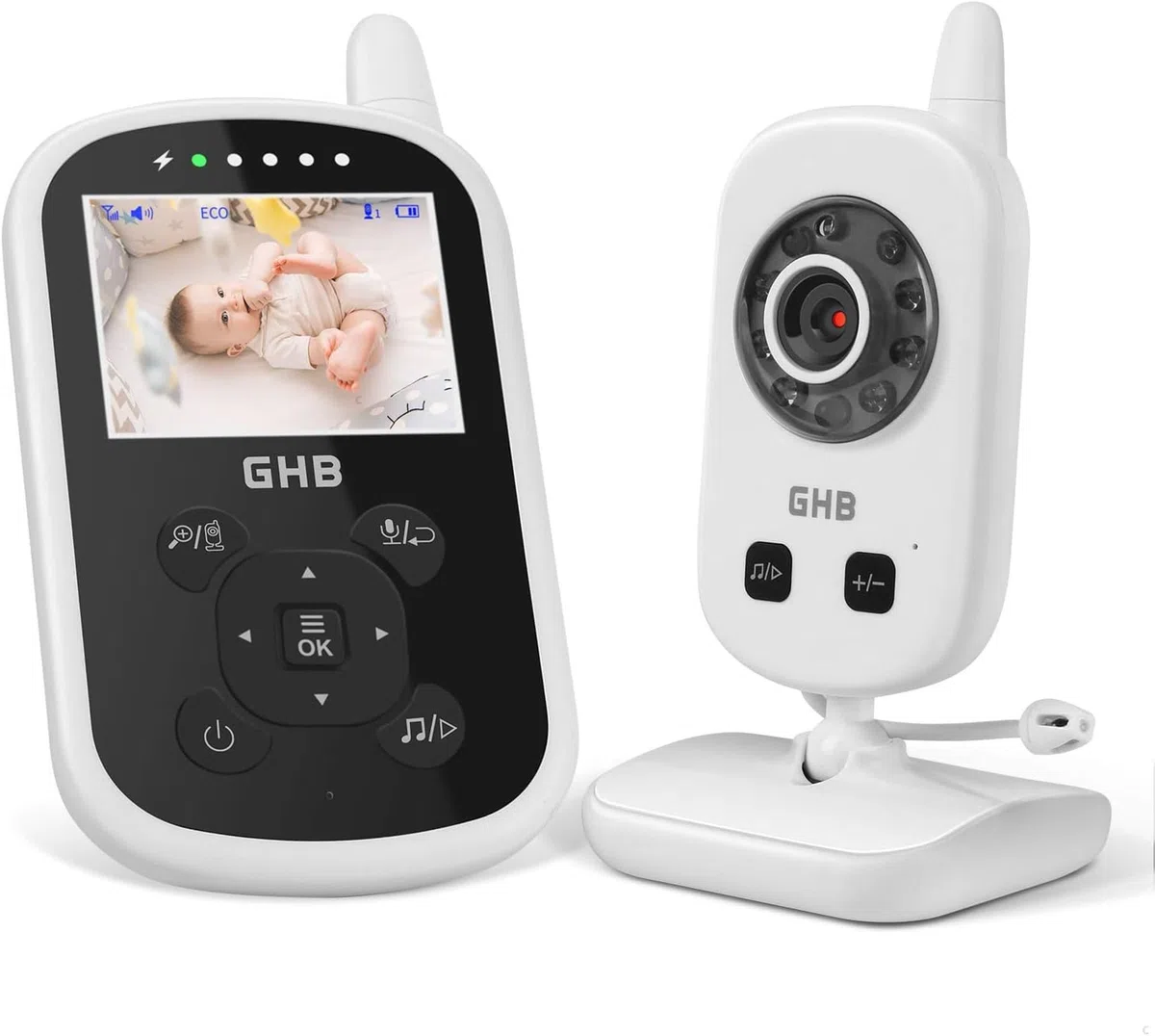 GHB Vigilabebes Camara Vigilancia Bebe con LCD 2.4", 950mAh Inteligente VOX Visión Nocturna Comunicación Bidirecciona Escucha Bebes Admite 4 Cámaras