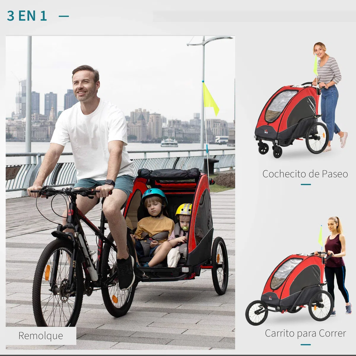 HOMCOM Remolque Infantil 3en1 para Bicicleta Carro de 2 Plazas para Niños de +6 Meses Plegable Ruedas Giratorias y Manillar Ajustable 150x85x107 cm