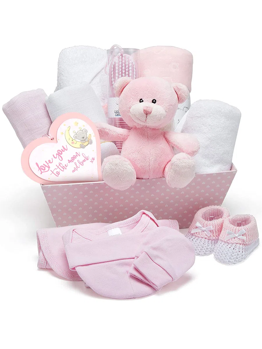 Baby Box Shop - 17 Regalos para recién Nacidos, Ideales bautizos con artículos Esenciales para recién Nacidos y Oso de Peluche Rosa de Peluche