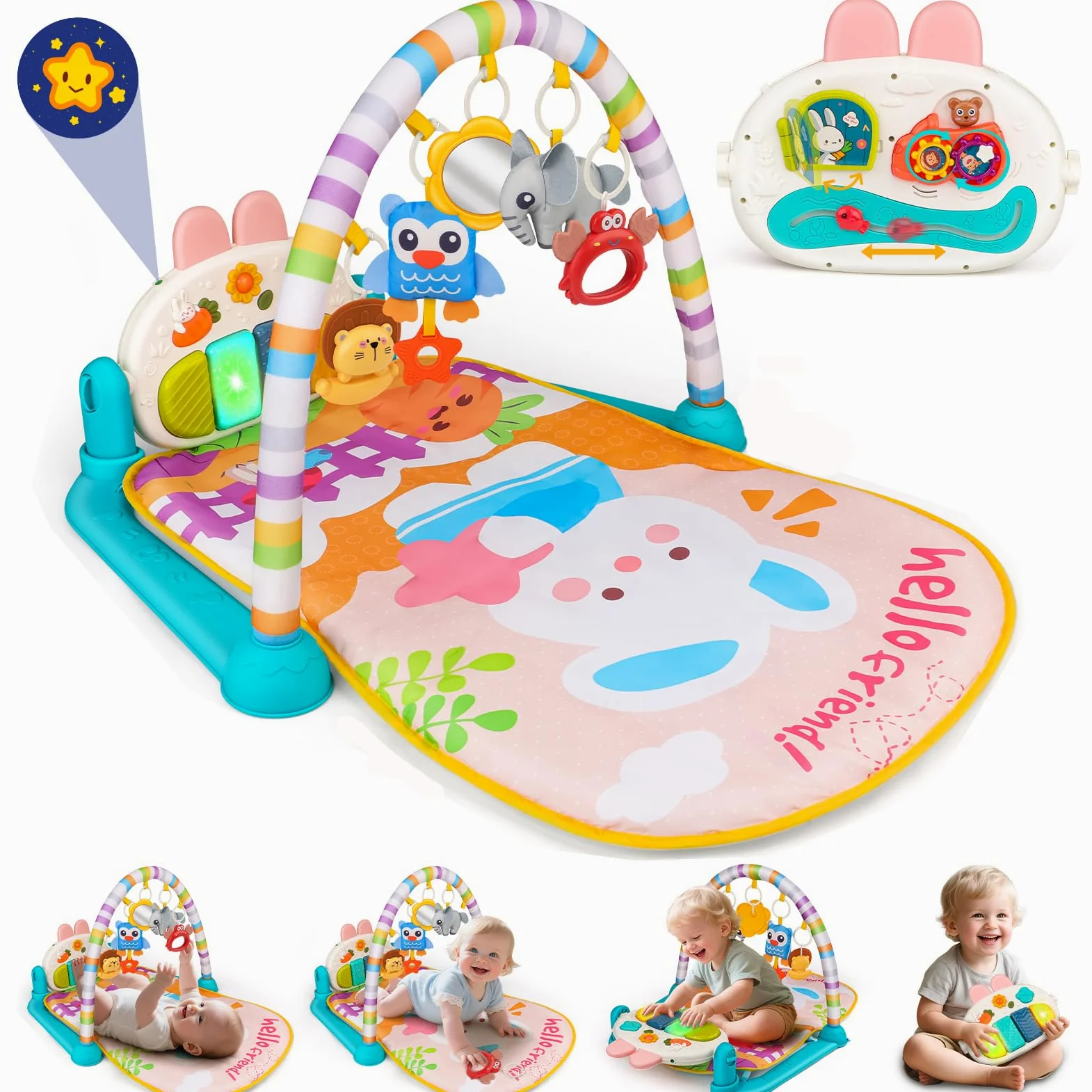 nicknack Gimnasio Bebé con Piano Musical, Manta de Actividades Bebé - Alfombra Juegos Juguetes Sensoriales con Kickin' Tunes, Luces y Sonidos, Desarrollo Infantil Regalo para 0-3-6-12 Meses Bebés