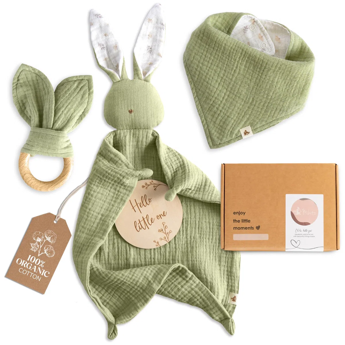 Mikito - Pack con 4 Regalos Para Bebes Recien Nacidos Originales - Doudou Bebe Muselina + Babero Bandana + Mordedor + Tarjeta - Ideal Como Pack Regalo/Canastilla Bebe