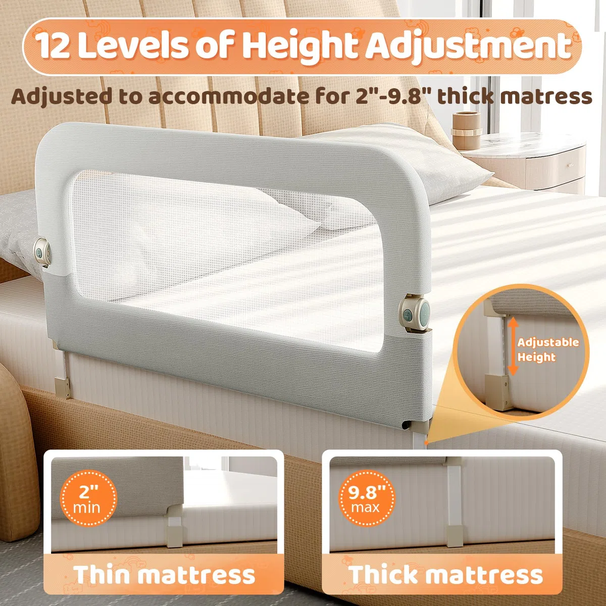 omzer Barandilla de cama para niños pequeños – Barandilla lateral de cama de bebé de 32 pulgadas para cuna de niño pequeño – Rieles de seguridad de altura plegable y ajustable – Barrera protectora de