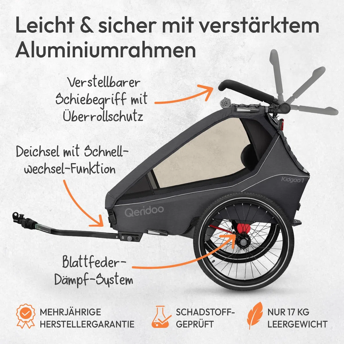 Qeridoo Kidgoo 1 Steel Grey | Remolque de bicicleta para 1 niño | Remolque de bicicleta infantil con suspensión & Easy ARS | Carrito de paseo para niños | Remolque de bicicleta infantil plegable |
