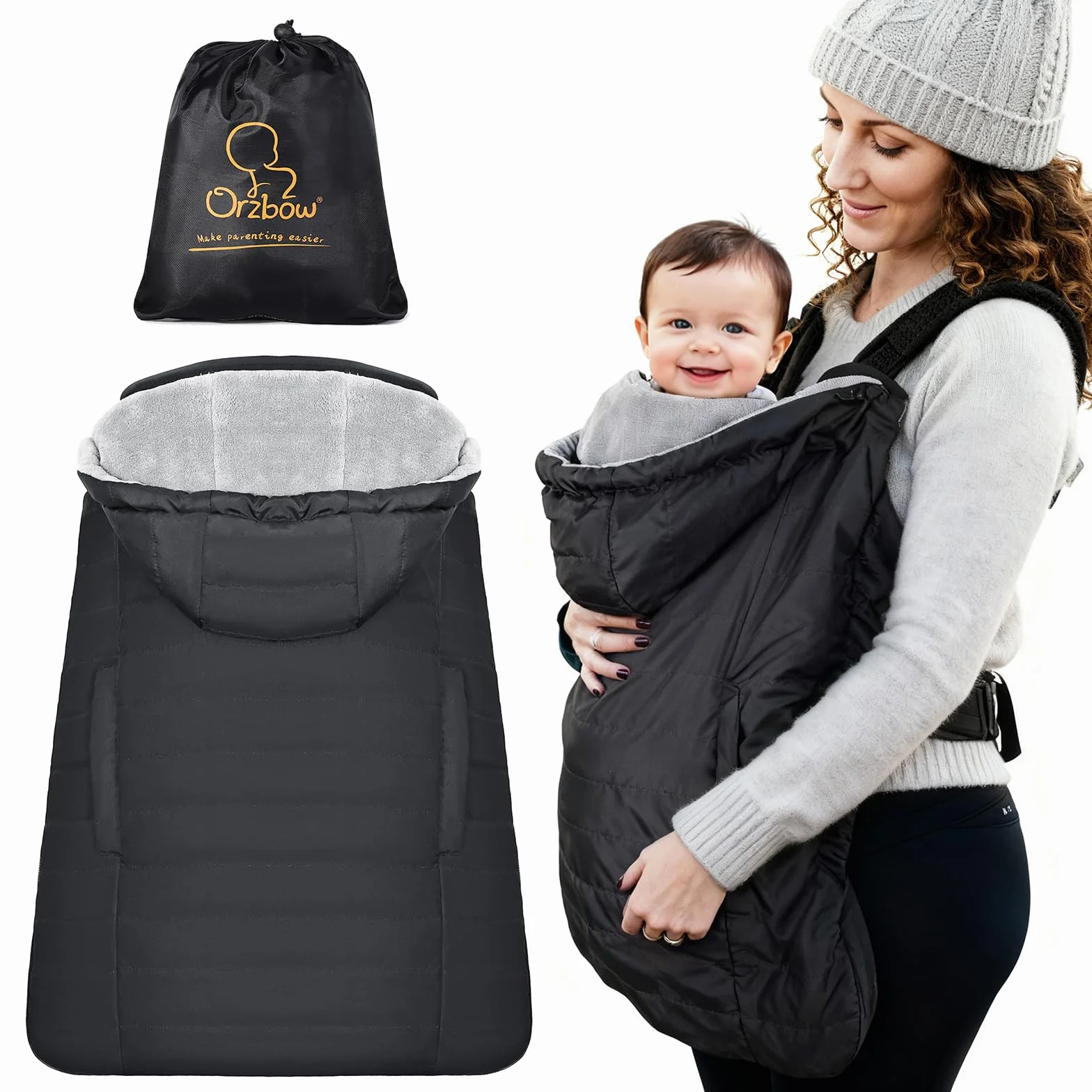 Orzbow Cobertor Porteo Invierno, Cubre Porteo Bebe Impermeable, Universal Manta Porteo Bebe con Forro Vellón Coral, Parte Superior Desmontable, Bolsillo Delantero, Negro