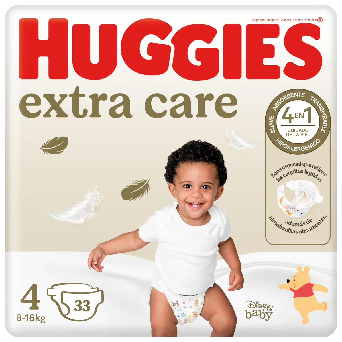 Huggies Extra Care Pañales para Bebé con Diseños Disney Talla 4 (8-16 kg), Materiales Suaves y Delicados, Hipoalergénicos, 33 Pañales