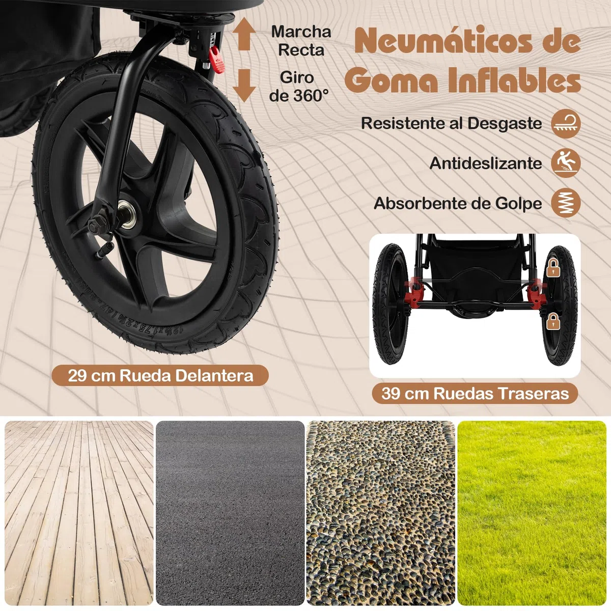 COSTWAY Silla de Paseo Ligera, Carrito Bebé Plegable con Dosel Ajustable, Asiento Reclinable, Bandeja Desmontable, Bolsa de Almacenaje y Ruedas Infladss, Carro para Bebés de 0 a 48 Meses