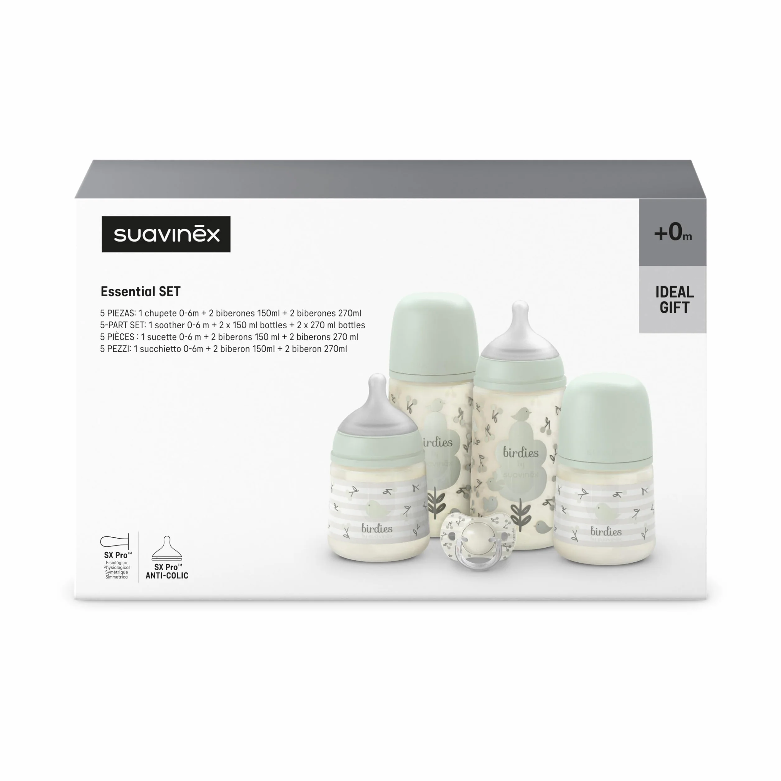 Suavinex, Set Biberones Recién Nacido, Pack Regalo con: 2 x 270 ml Flujo Medio + 2 x 150 ml Flujo Lento + Chupete de 0 a 6 Meses, Tetinas Fisiológicas SX Pro de Silicona, 5 Pcs, +0M, Birdies Verde