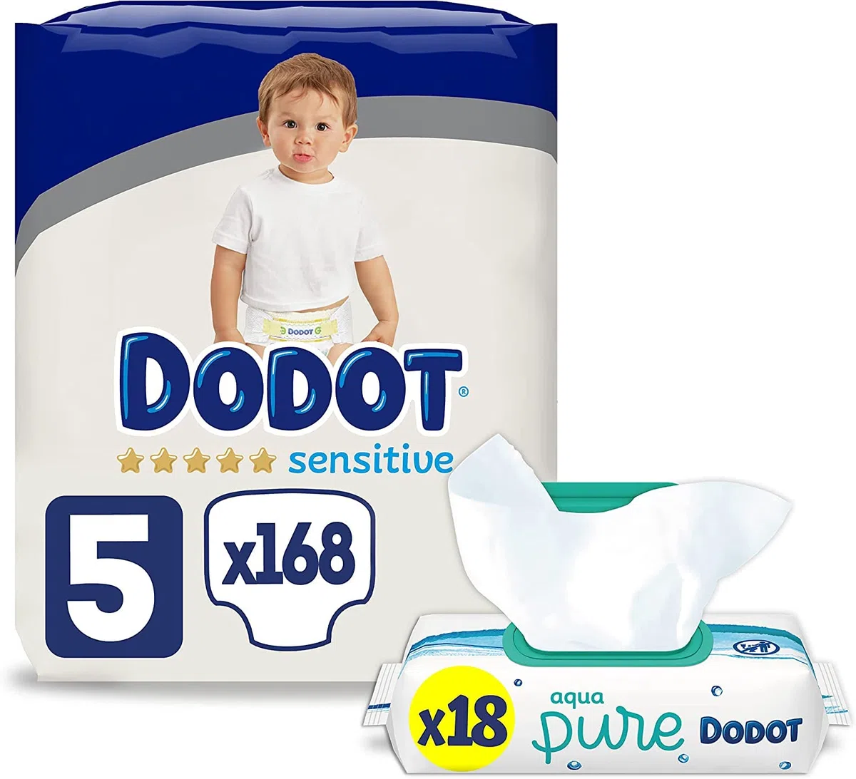 Dodot Pañales Bebé Sensitive Talla 5 (11-16 kg), 168 Pañales + Toallitas Aqua Pure, 99% Agua, 18 Paquetes (18x48), Máxima Protección de la Piel de Dodot