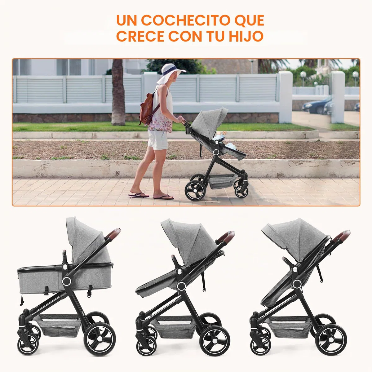 Silla de Paseo Bebé 2 en 1 con Asiento y Cuna Ajustables, Carrito Bebé con Compacto y Ligero, Toldo Retráctil, Cesta de Almacenamiento, Cinturón de Seguridad y Amortiguadores