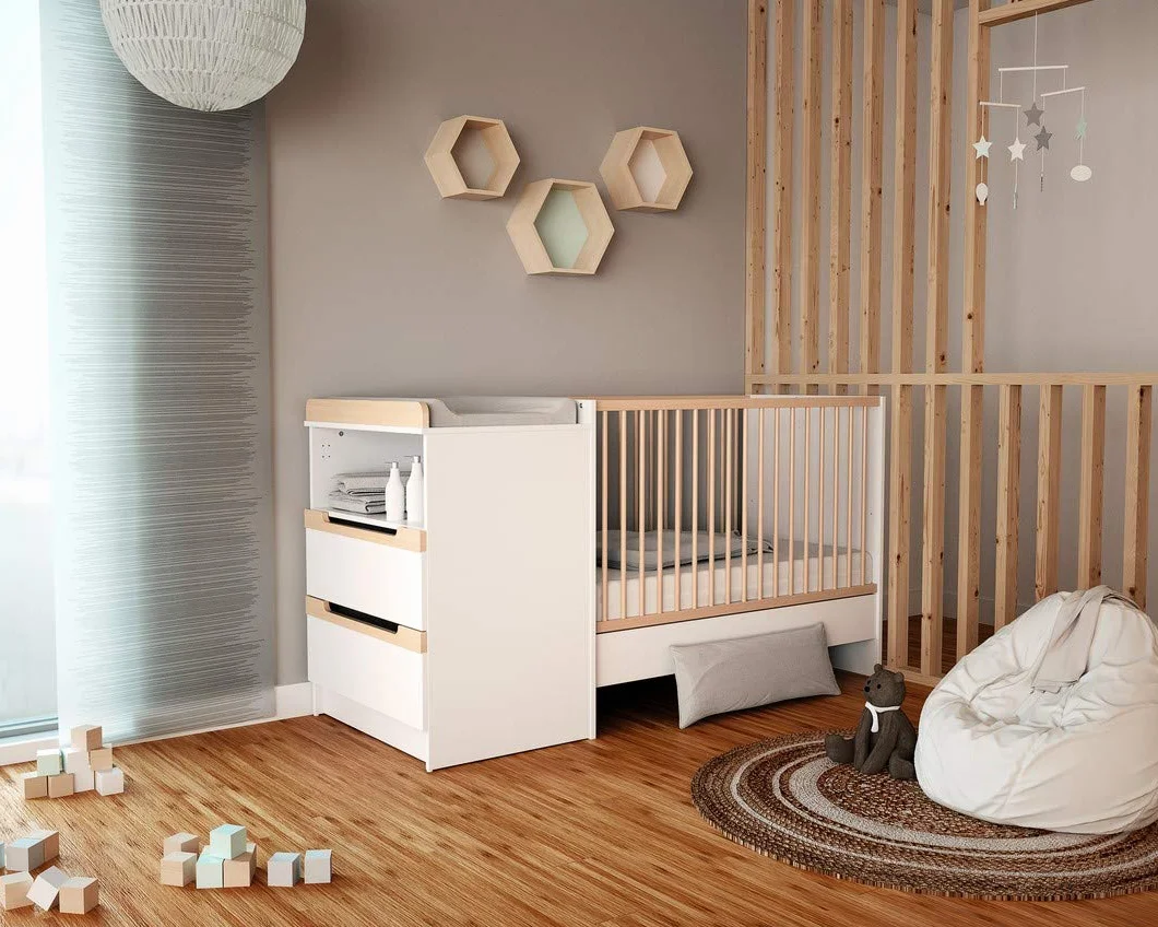 AT4 - Cuna bebé y cómoda cambiador CARROUSEL madera - Blanco/Haya Barnizada - 60 x 120-194 x 94 x 70 cm