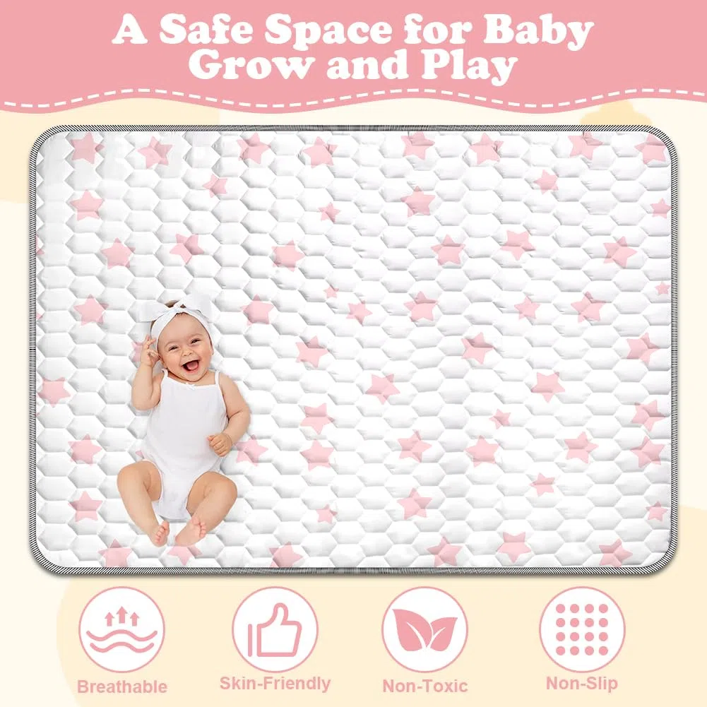 Aolso Alfombra Bebe, 150x 200cm Alfombra Bebe Plegable, Antideslizante Algodón Alfombras de Gateo, Colchoneta para Niños para Juegos en el Suelo, Suave & Grues-Estrellas Rosas