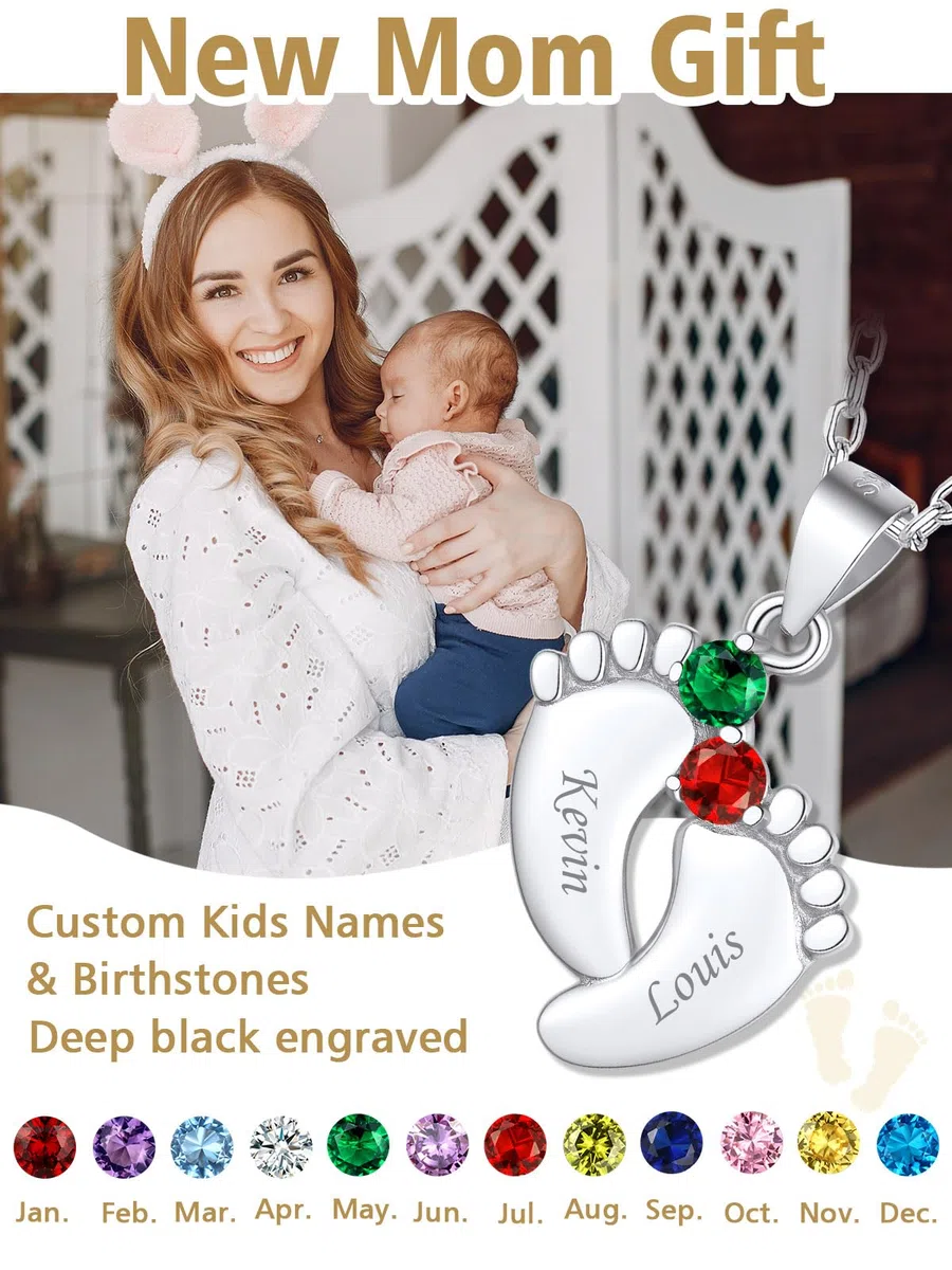 FindChic Collar Pie de Bebé Personalizado con Nombre Collar Grabado Madre Colgante Mama Bebé Día de la Madre Cumpleaños
