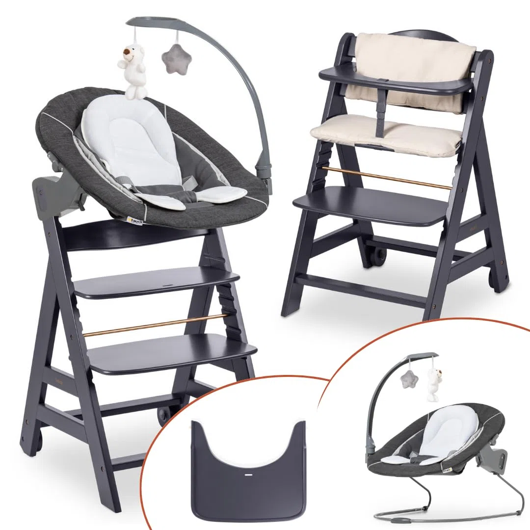 hauck Trona Beta Newborn Set de Trona Evolutiva Bebe apta desde el Nacimiento, Tronas de Bebe Evolutiva con Hamaca, Cojín y Bandeja, Silla Bebe Madera - Melange Grey