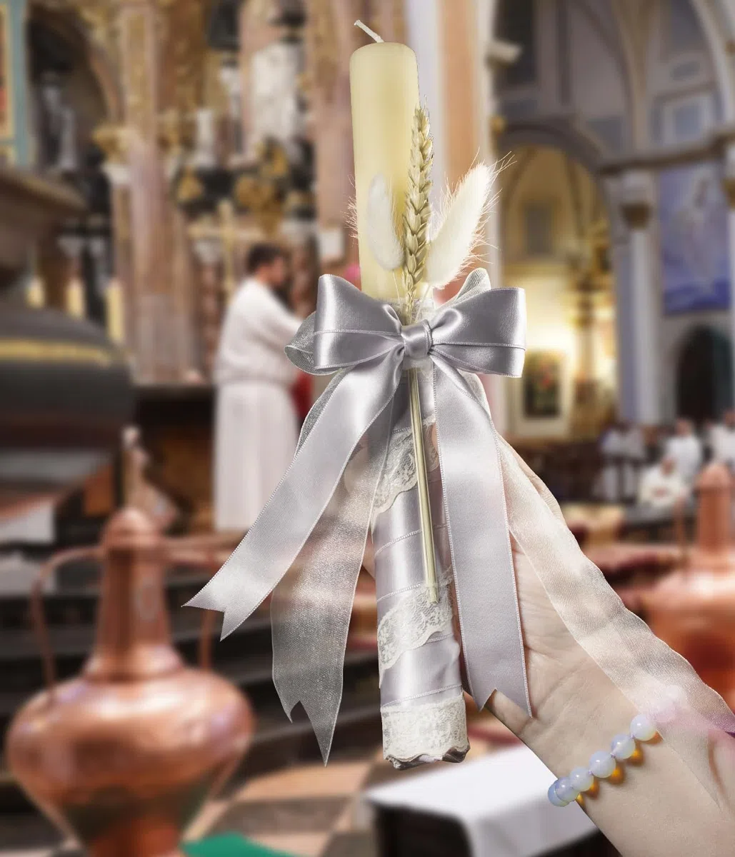 Vela Bautizo – Cirio Bautizo- Vela Bautizo Decorada- Artesanal – Vela color marfil -Vela cera de abeja natural – Vela litúrgica – Vela Larga blanca - Bautizos - Comuniones y Bodas (GRIS PERLA)
