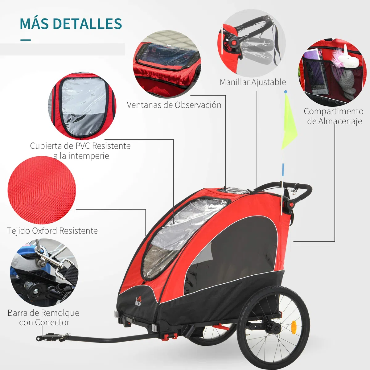 HOMCOM Remolque Infantil 3en1 para Bicicleta Carro de 2 Plazas para Niños de +6 Meses Plegable Ruedas Giratorias y Manillar Ajustable 150x85x107 cm