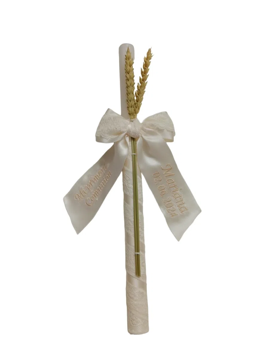 Vela para Comunión personalizada - Mi primera Comunión Vela Personalizable con nombre y fecha – Vela de Comunión decorada - Cirio de Primera Comunión- Modelo París – Nenel (Beige)