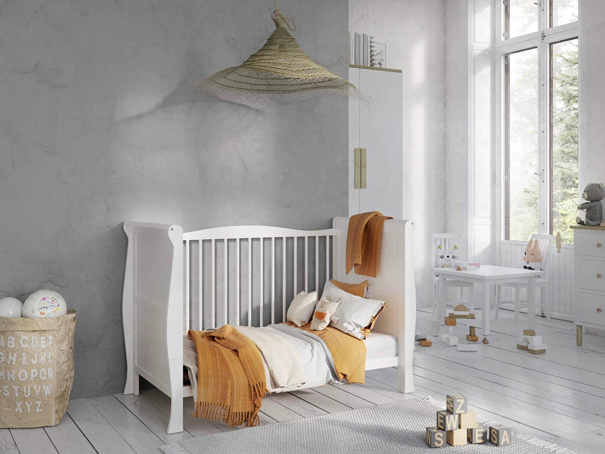 Love For Sleep Cuna Bebe Convertible en Cama 120x60 cm Leo de Madera de Pino Color Blanco– Cuna-Cama para Bebé Convertible en Sofá o Cama Junior
