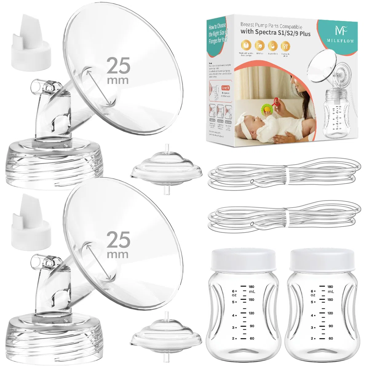 Piezas para Extractor Compatibles con Spectra S1/S2/S9 Plus, Kit de Repuesto 2 Pack (Brida 25mm x2, Válvula Pico de Pato x2, Tubo x2, Biberón x2, Protector Antirretorno x2), Accesorios No Originales