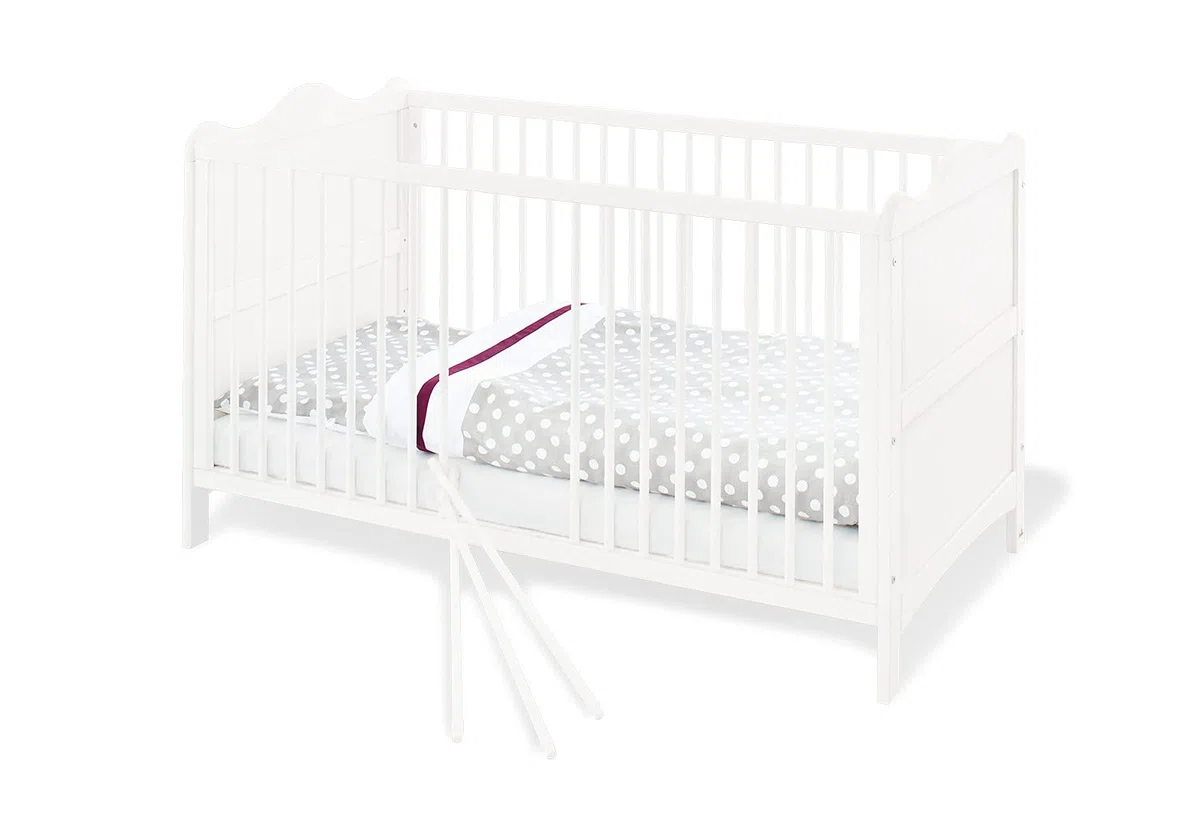 Pinolino Cuna Florentina, Cuna estable y convertible, regulable en altura en 3 posiciones, incl. bloques de conversión, pino lacado en blanco, decoración en blanco, para colchón de 70 x 140 cm, blanco